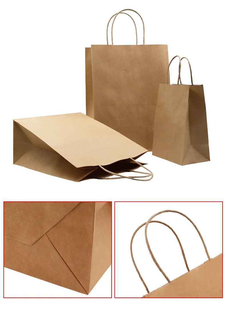 Sacolas de papel kraft com alças de corda e close-ups detalhados