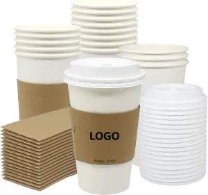 Stacks of white paper cups with lids and brown sleeves labeled LOGO