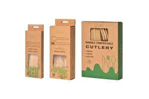 Boxes of Anzhu Craft biodegradable bamboo cutlery