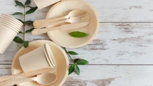 Wooden disposable plates cups and cutlery on a rustic table