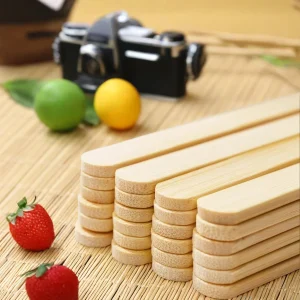 Stacked bamboo ice cream sticks with fruits and a camera