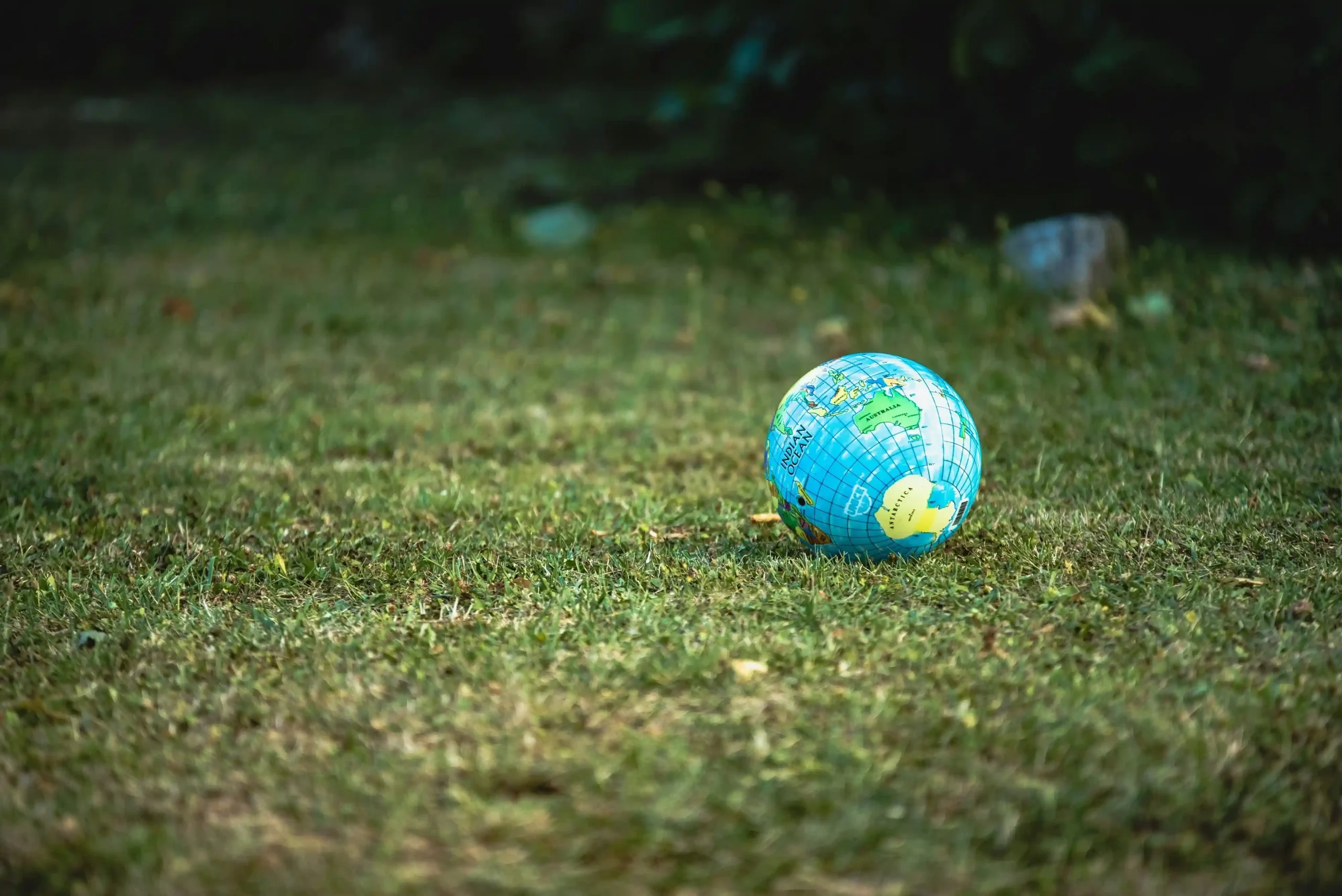 Bunten Globus ruht auf grasbewachsenen grünen Feld