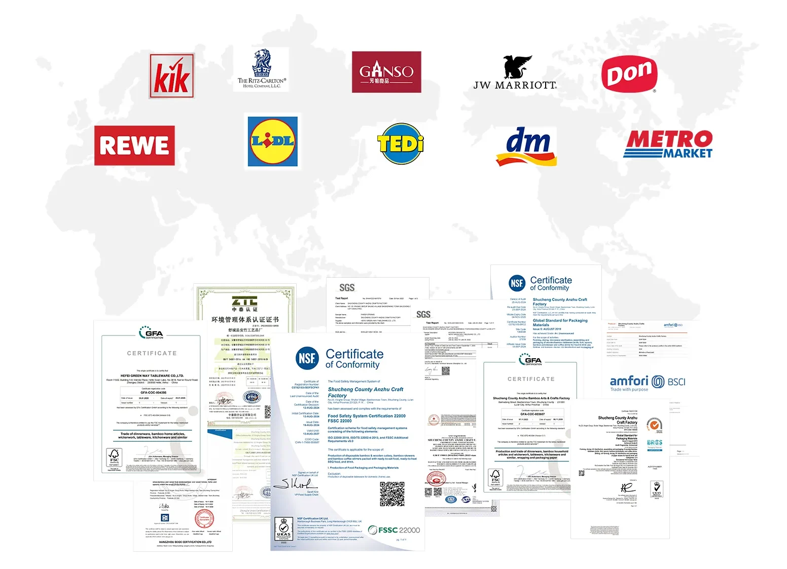 Global brand logos and certifications on white map Global brand logos and certifications on white map
