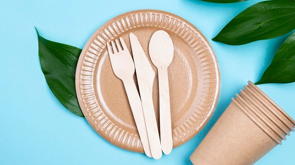 Plato de bagazo con cubiertos desechables de origen vegetal