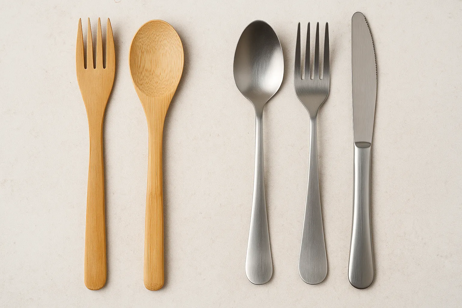 Close up of bamboo and stainless steel cutlery