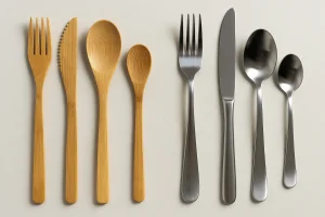 Dining table with bamboo and steel cutlery on napkins