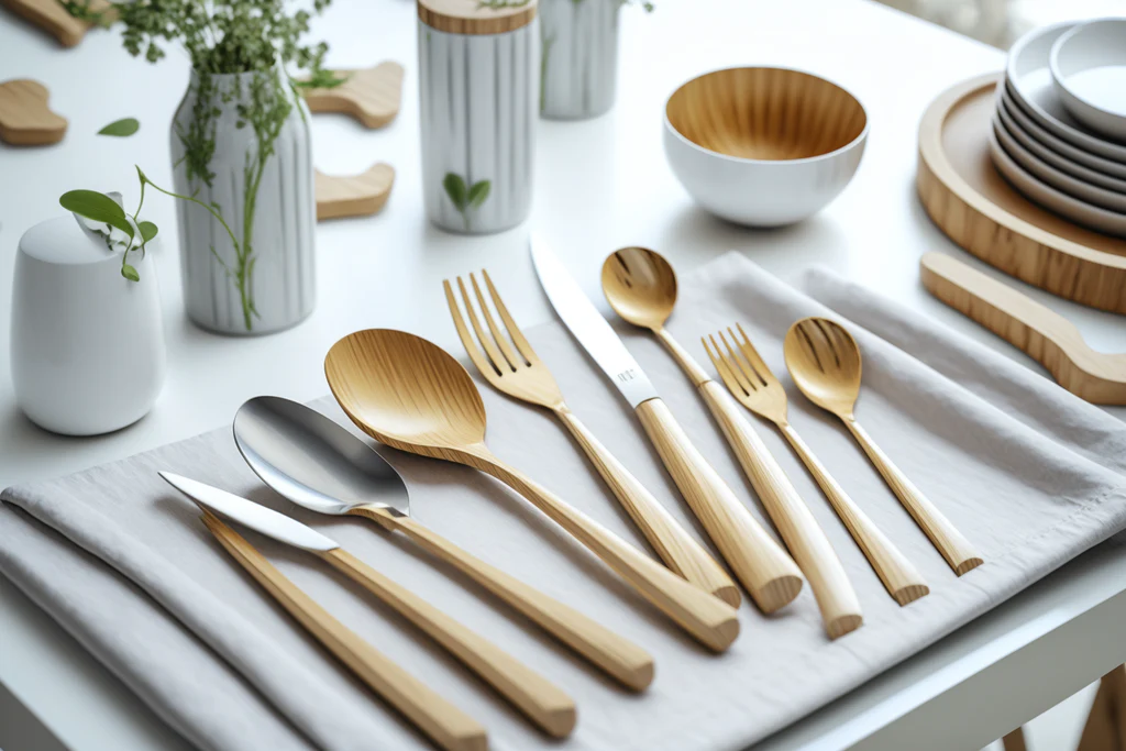 Eco friendly bamboo cutlery laid out on dining table
