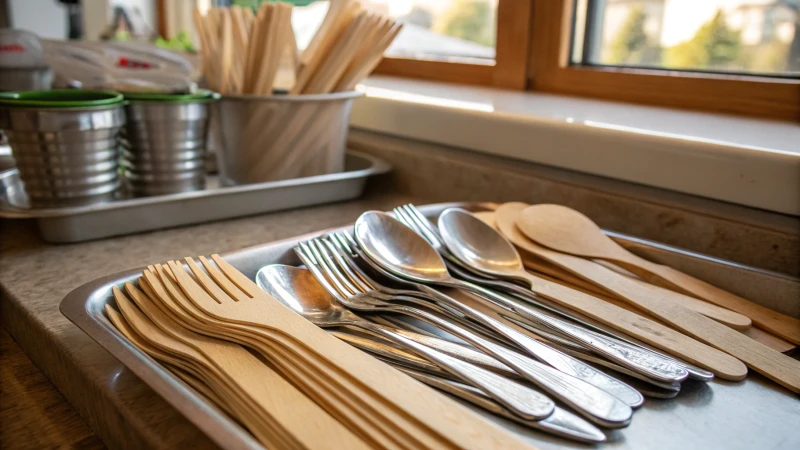Mixed tray of bamboo and metal utensils in cafe