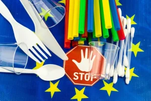 Plastic cutlery and banned items on EU flag background