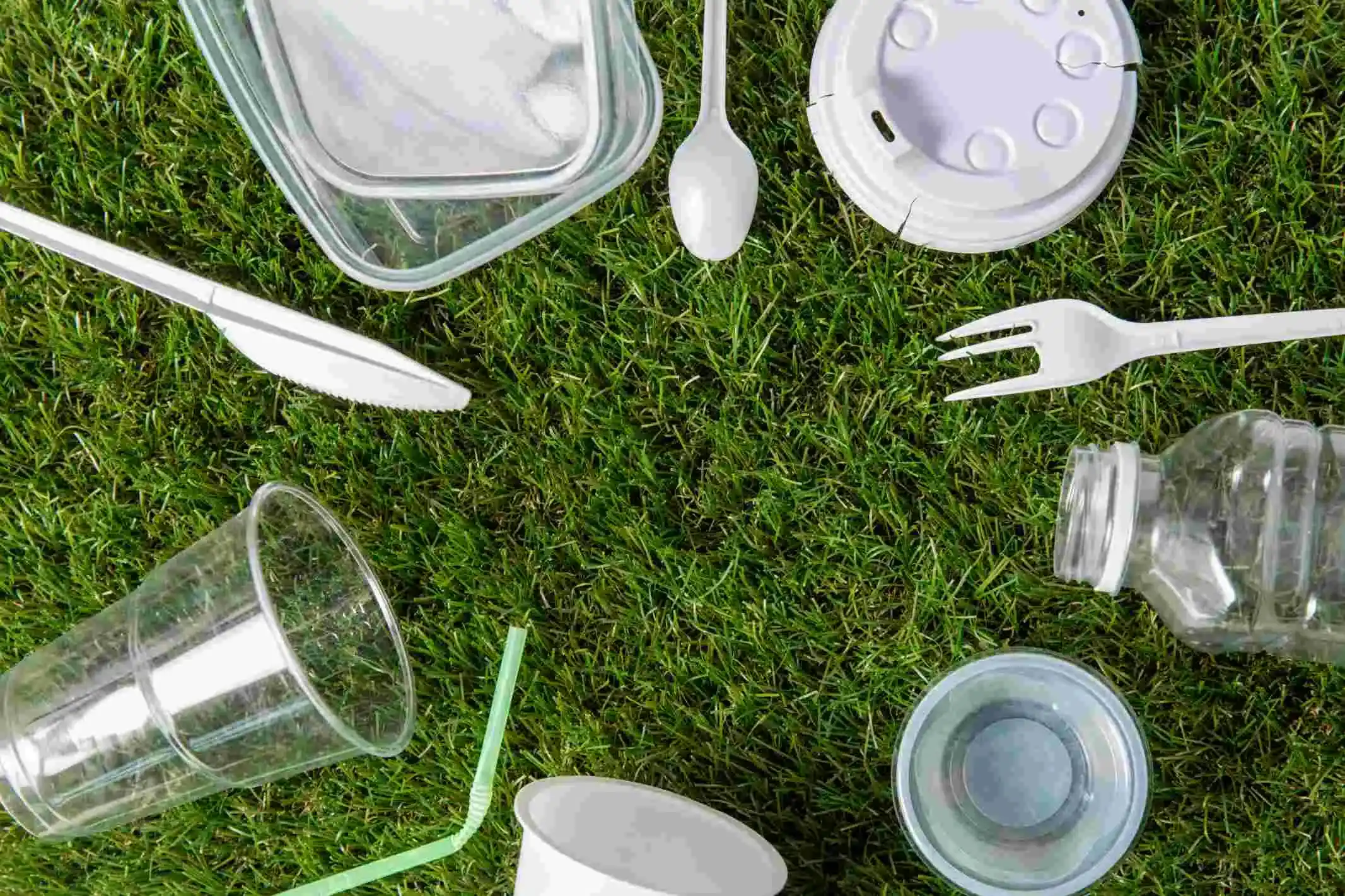 Cubiertos de plástico y residuos en el césped que indican contaminación