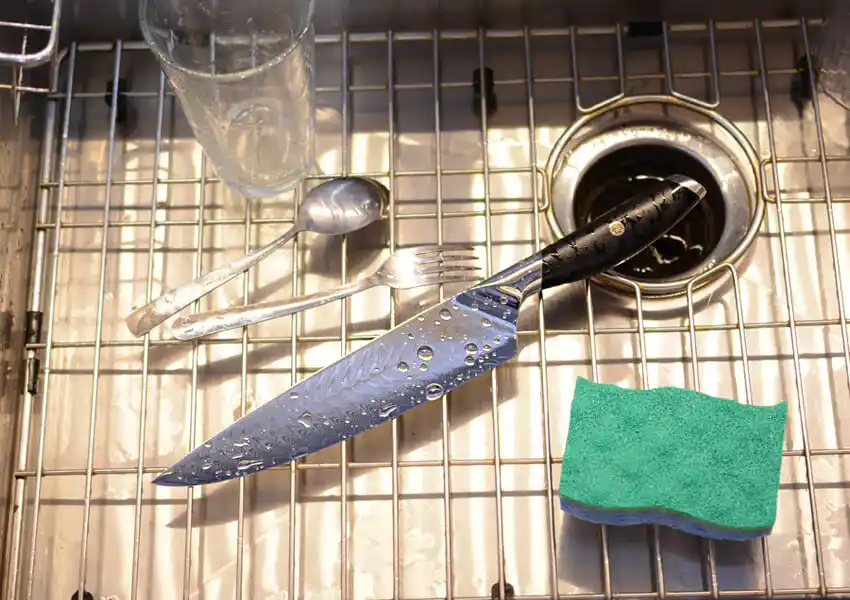 Wet utensils and sponge in sink for cleaning comparison