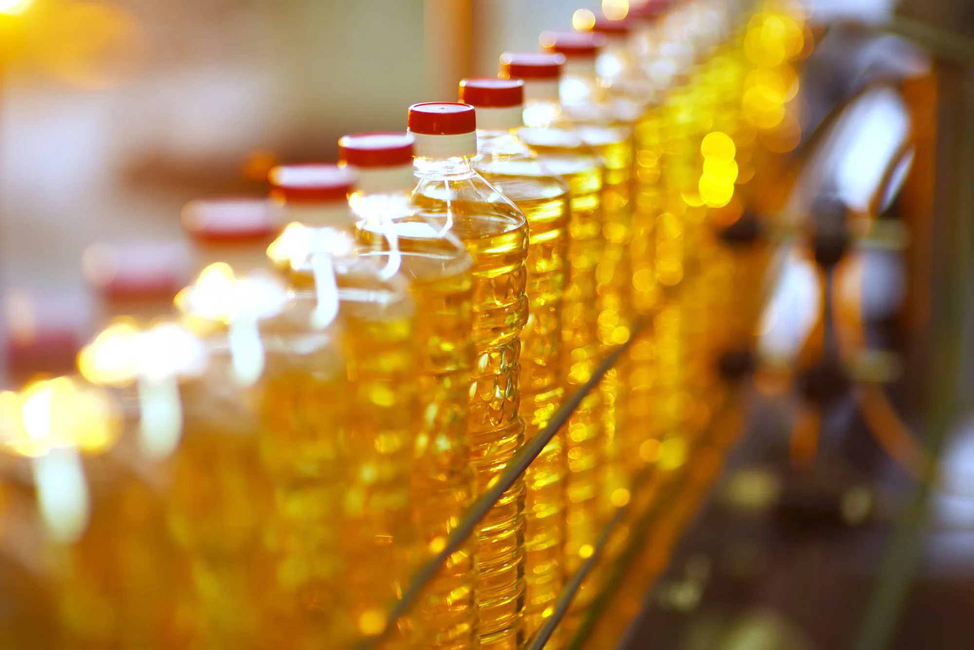 Shelf full of plastic bottles of vegetable oil Shelf full of plastic bottles of vegetable oil