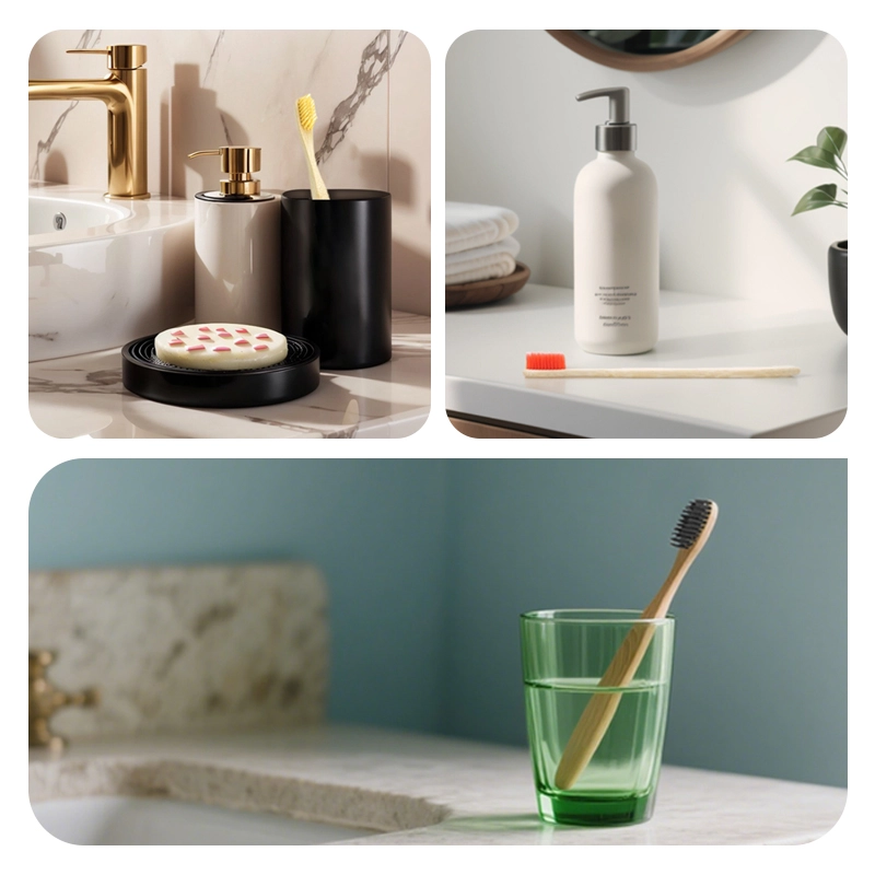 Eco bamboo toothbrushes in different bathroom settings Eco bamboo toothbrushes in different bathroom settings
