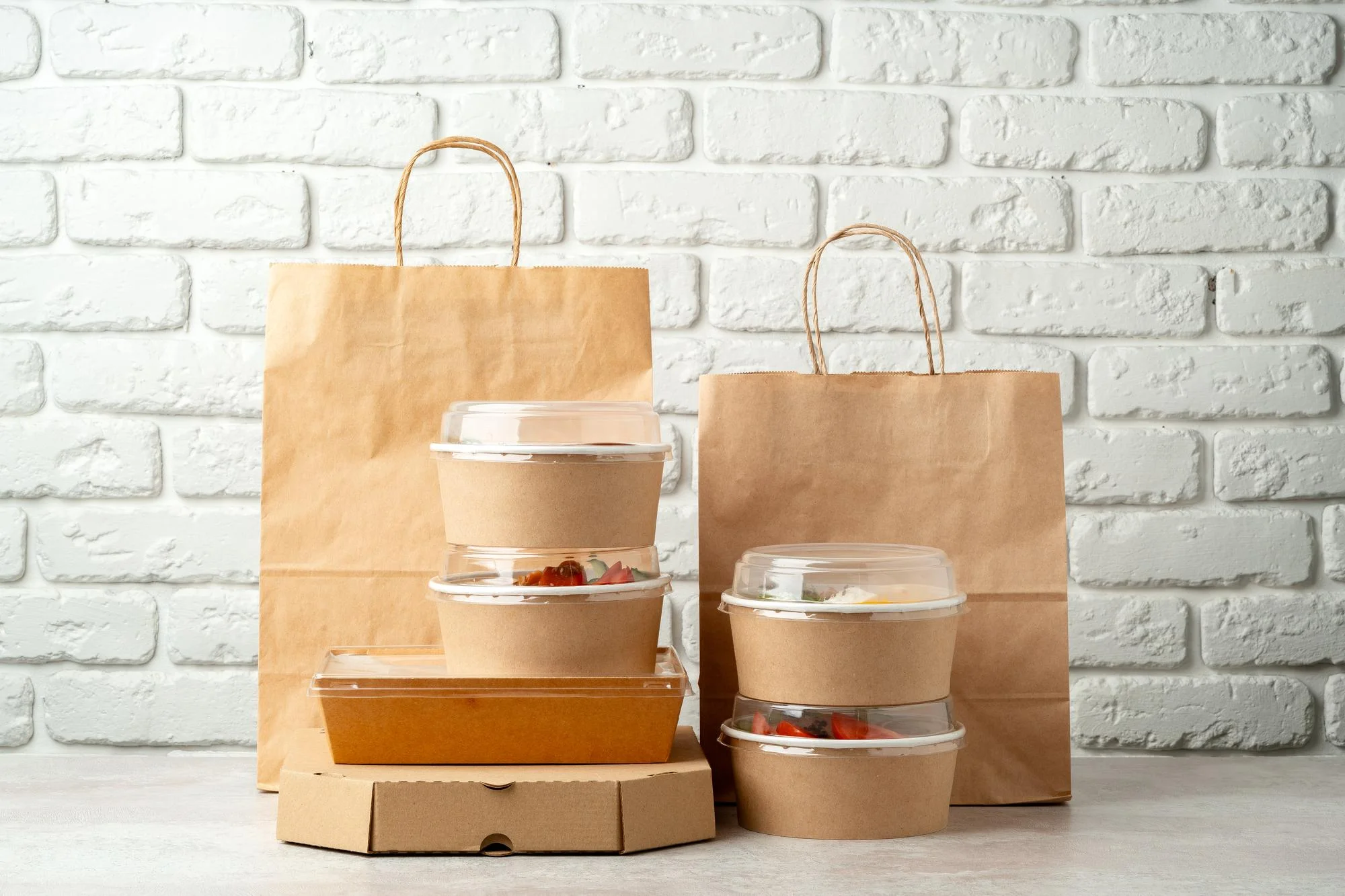 Recipientes de papel kraft para alimentos e sacolas para viagem sobre a mesa Recipientes de papel kraft para alimentos e sacolas para viagem sobre a mesa