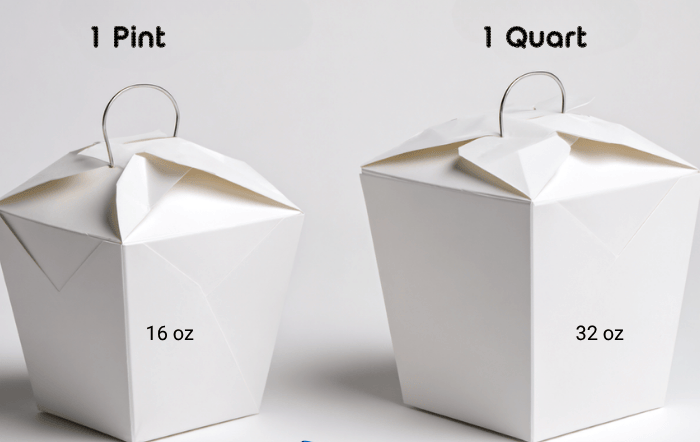 Caixas brancas para viagem com as etiquetas "1 Pinta" e "1 Quarto" (946 ml). Caixas brancas para viagem com as etiquetas "1 Pinta" e "1 Quarto" (946 ml).