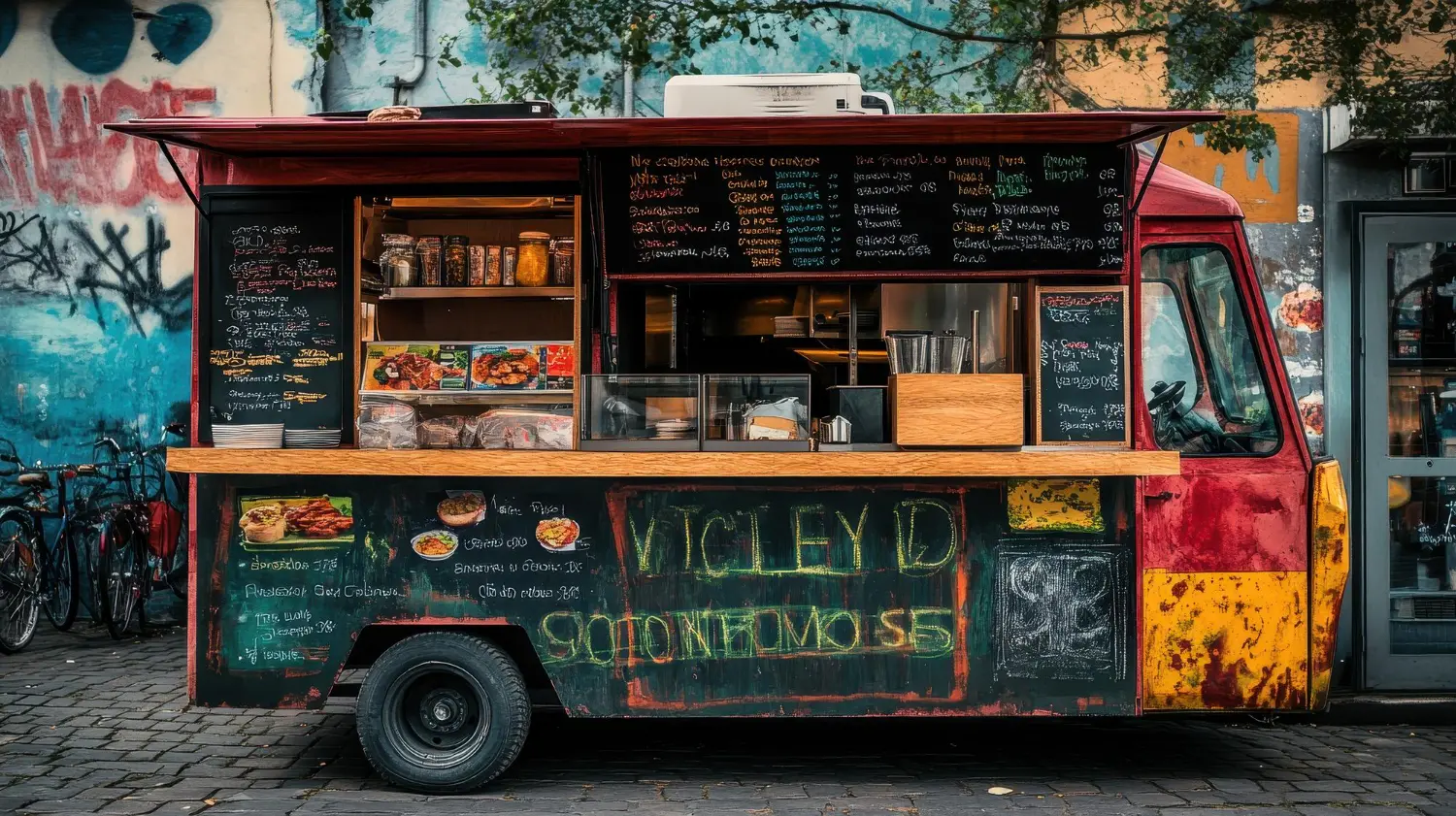 Colorful street food fusion truck with chalkboard menu Colorful street food fusion truck with chalkboard menu