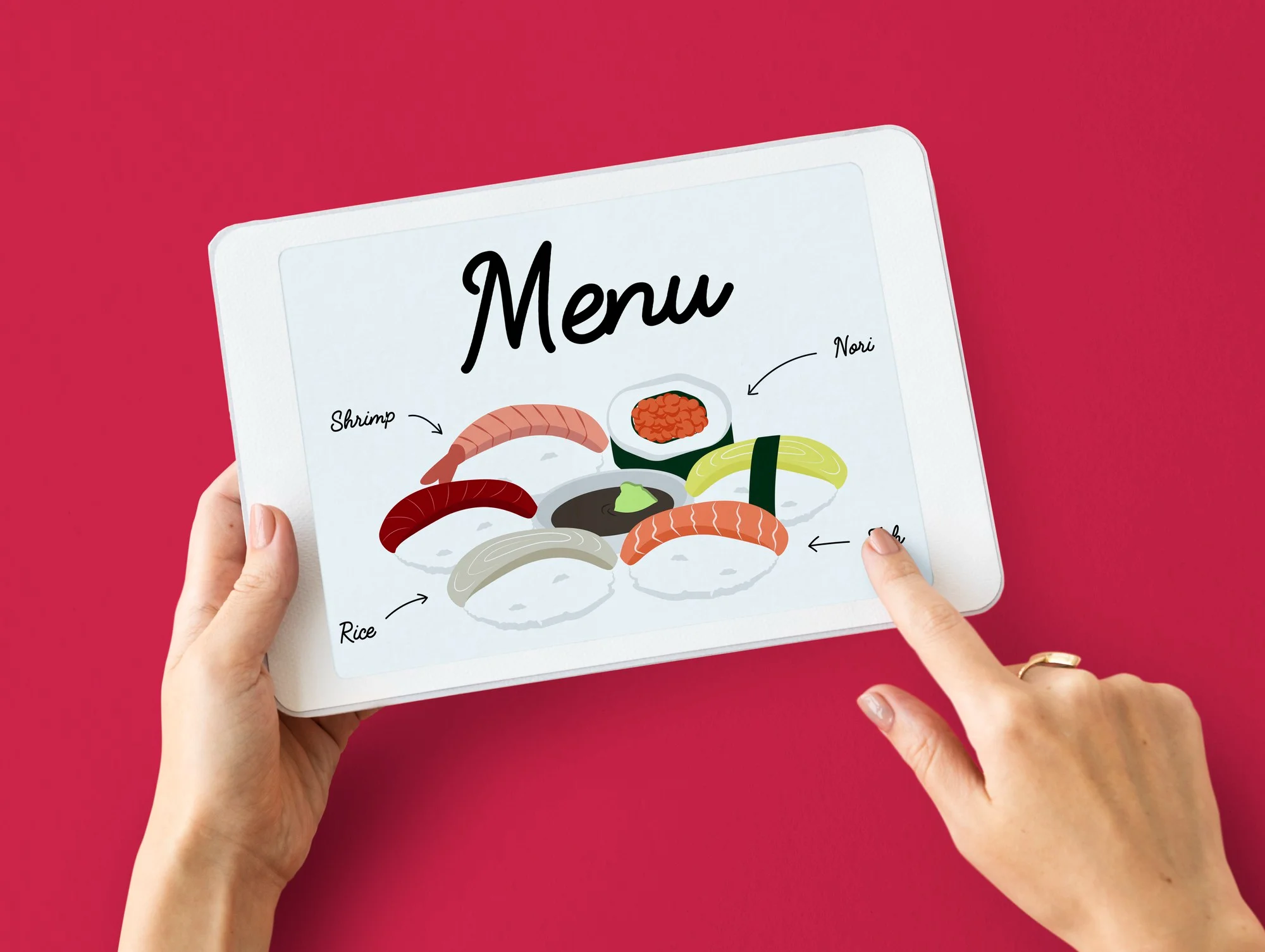 Menu numérique de sushis affiché sur écran de tablette Menu numérique de sushis affiché sur écran de tablette