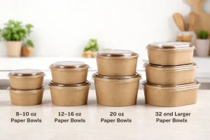 Paper bowls by size from 810 oz to 32 oz and larger