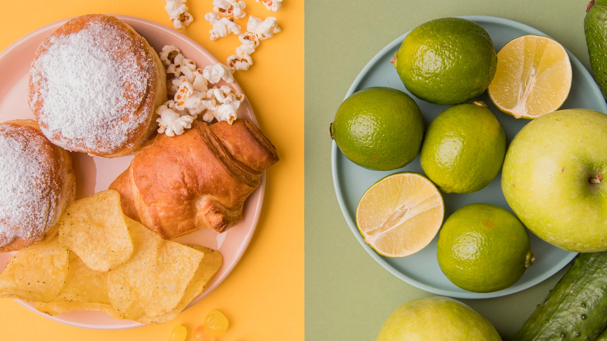 Sugary and healthy foods on split plates Sugary and healthy foods on split plates