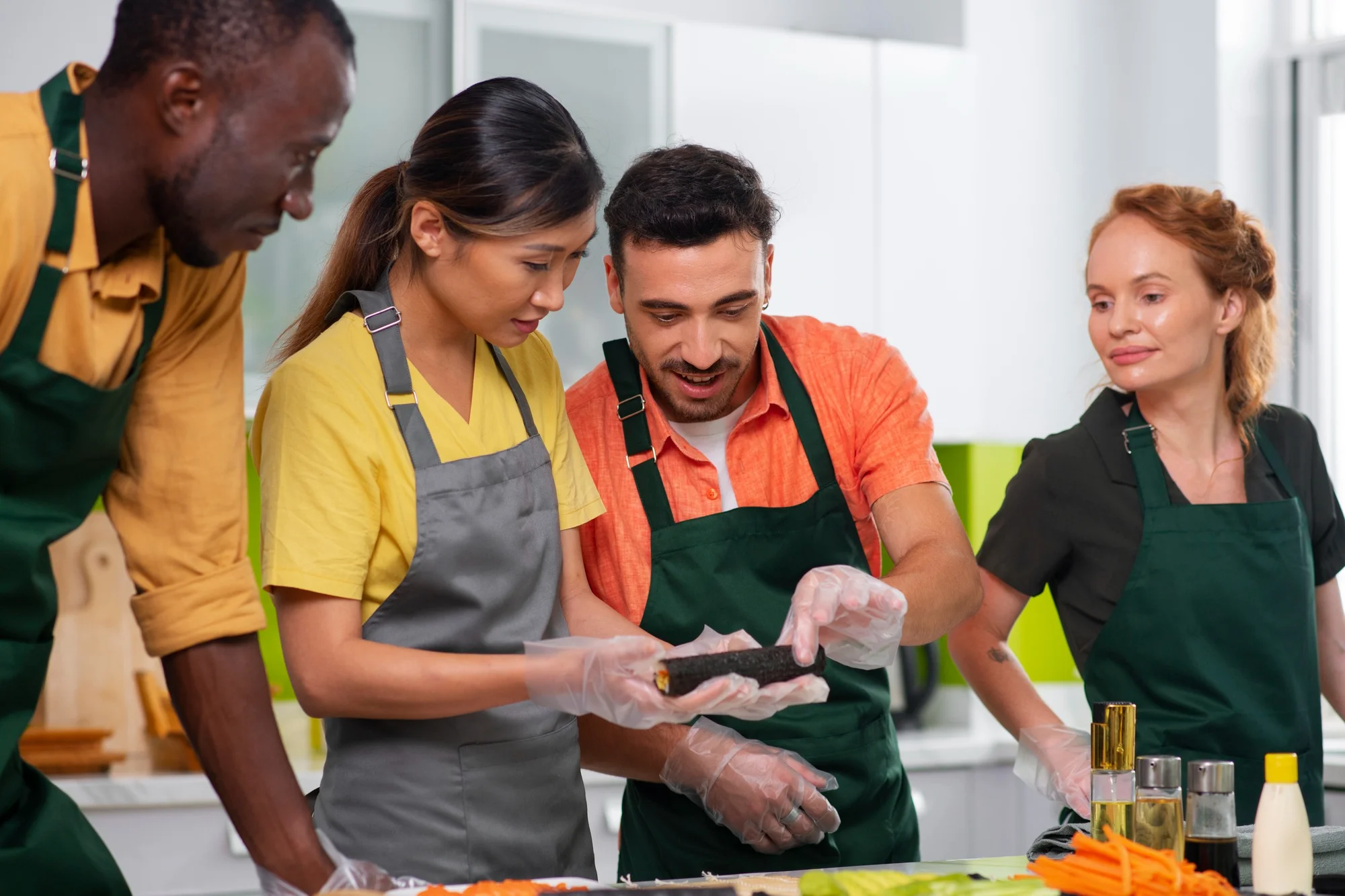 Formation en équipe en cuisine pour la préparation de sushis. Formation en équipe en cuisine pour la préparation de sushis.