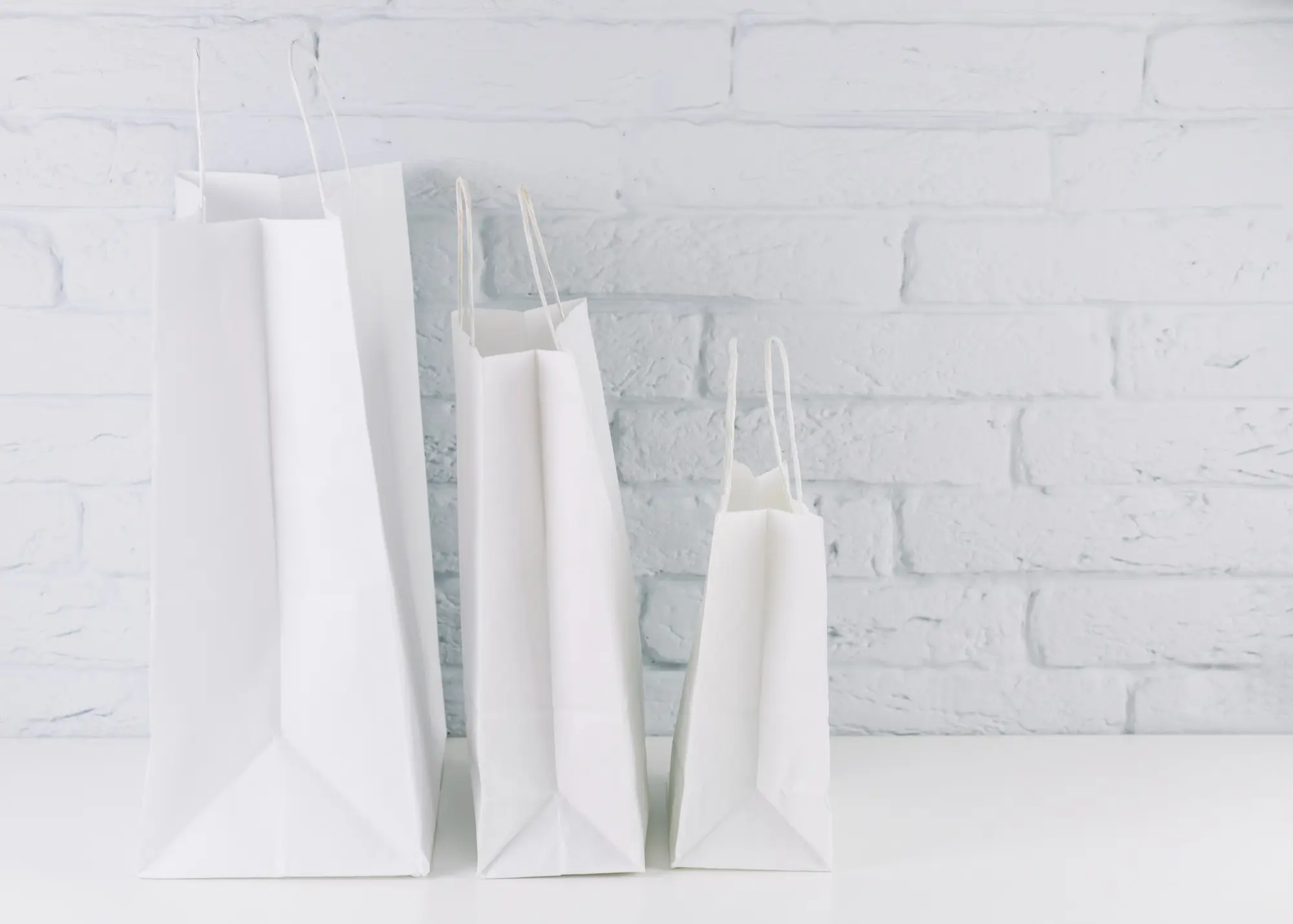 Sacolas de papel brancas minimalistas em diferentes tamanhos.