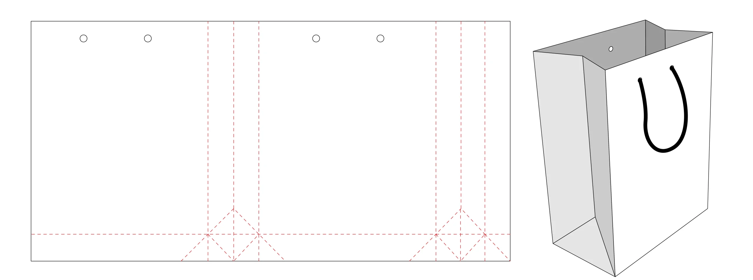 Diagrama de dimensões do saco de papel mostrando as dobras e os furos para as alças.