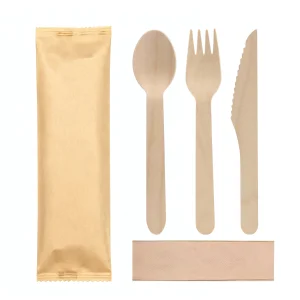 Wooden disposable cutlery set with kraft pouch